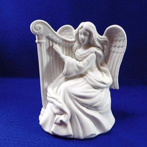 Vintage Angel w Harp Music Box Hark the Herald Enesco White Bisque Porcelain
